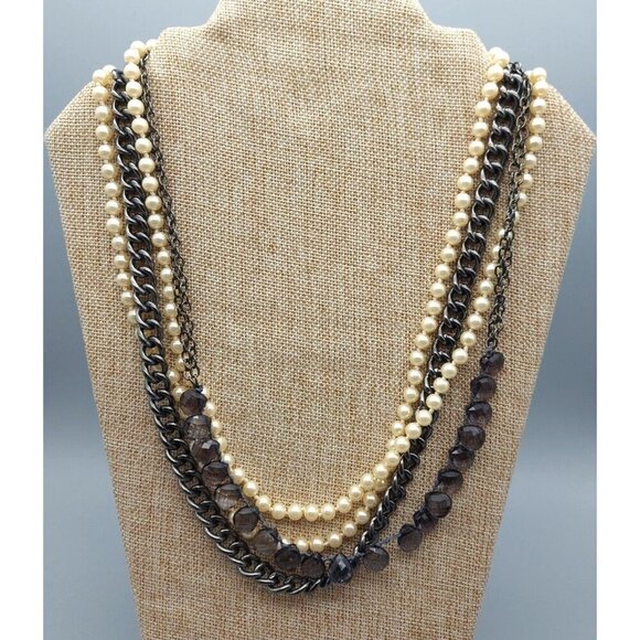 J.Crew Multi Strand Gun Metal & Faux Pearl Collar Necklace 20" Smokey Gray Beads - Picture 1 of 7